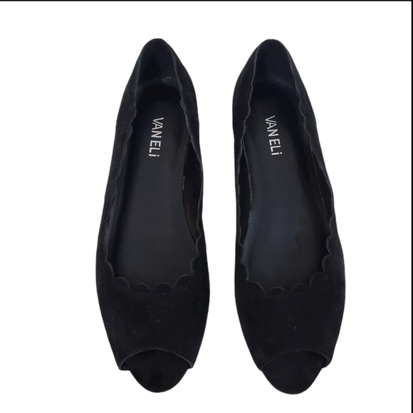 VanEli Black Suede Scalloped Peep Toe Flats EUC - Picture 3 of 7